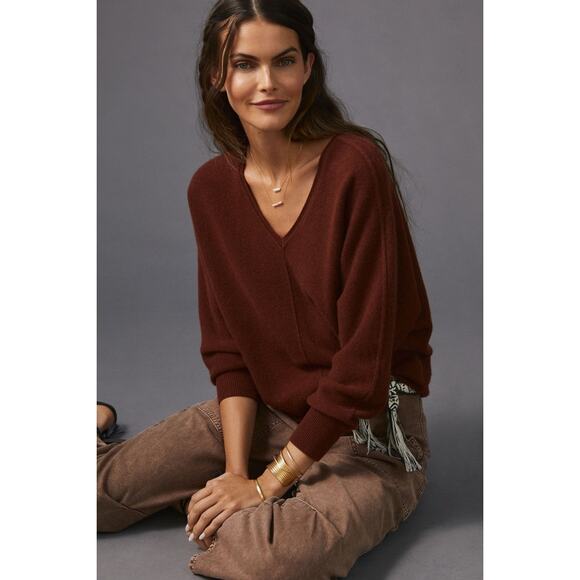 Anthropologie Pilcro V Neck Keyhole Back Knit Pullover Sweater Brown Cashmere XS - Picture 1 of 9